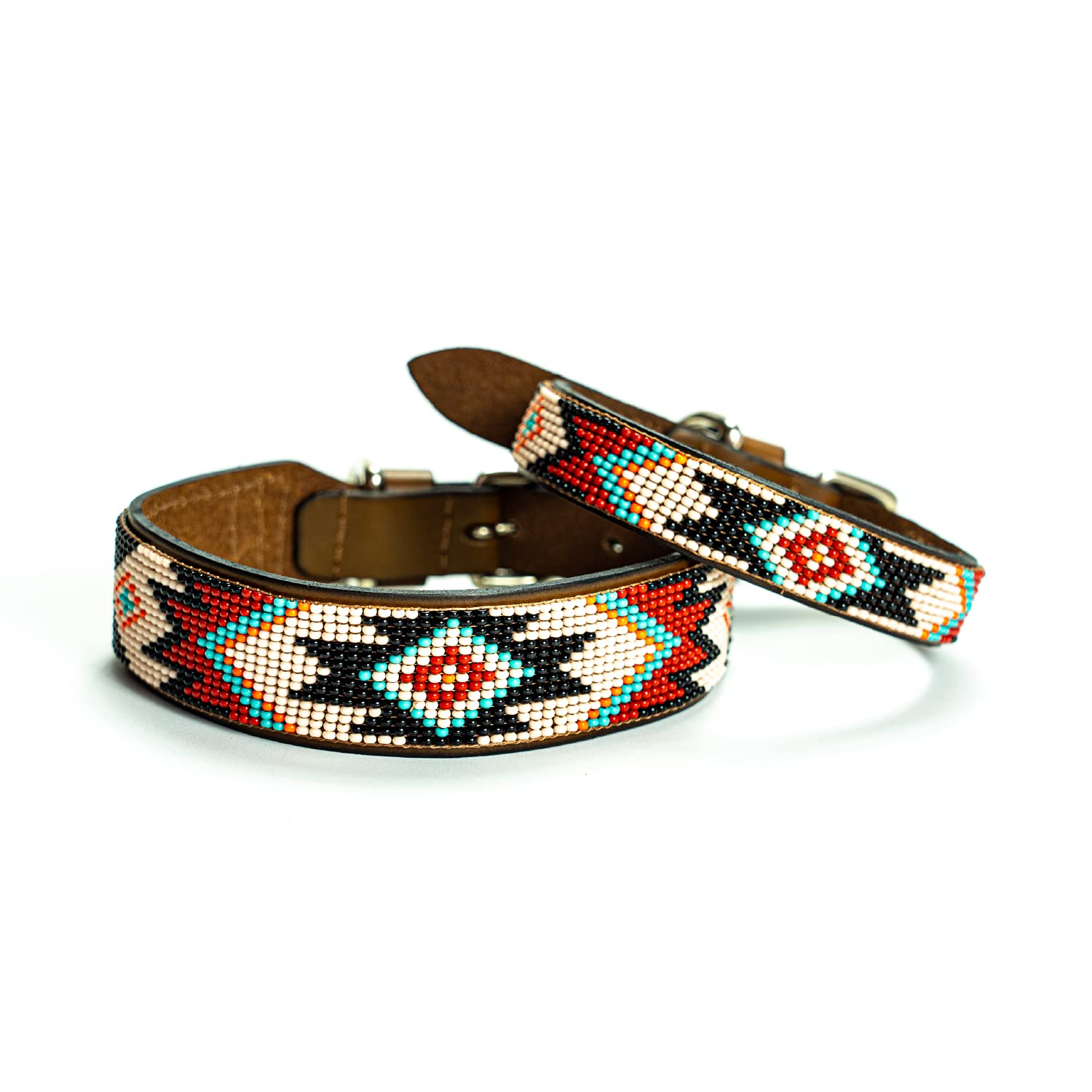 Sambboho - Phoenix Dog Collar - Natural Soft Leather Dog Collar with Hand-Stitched Bead Embroidery, Durable & Adjustable (22-24