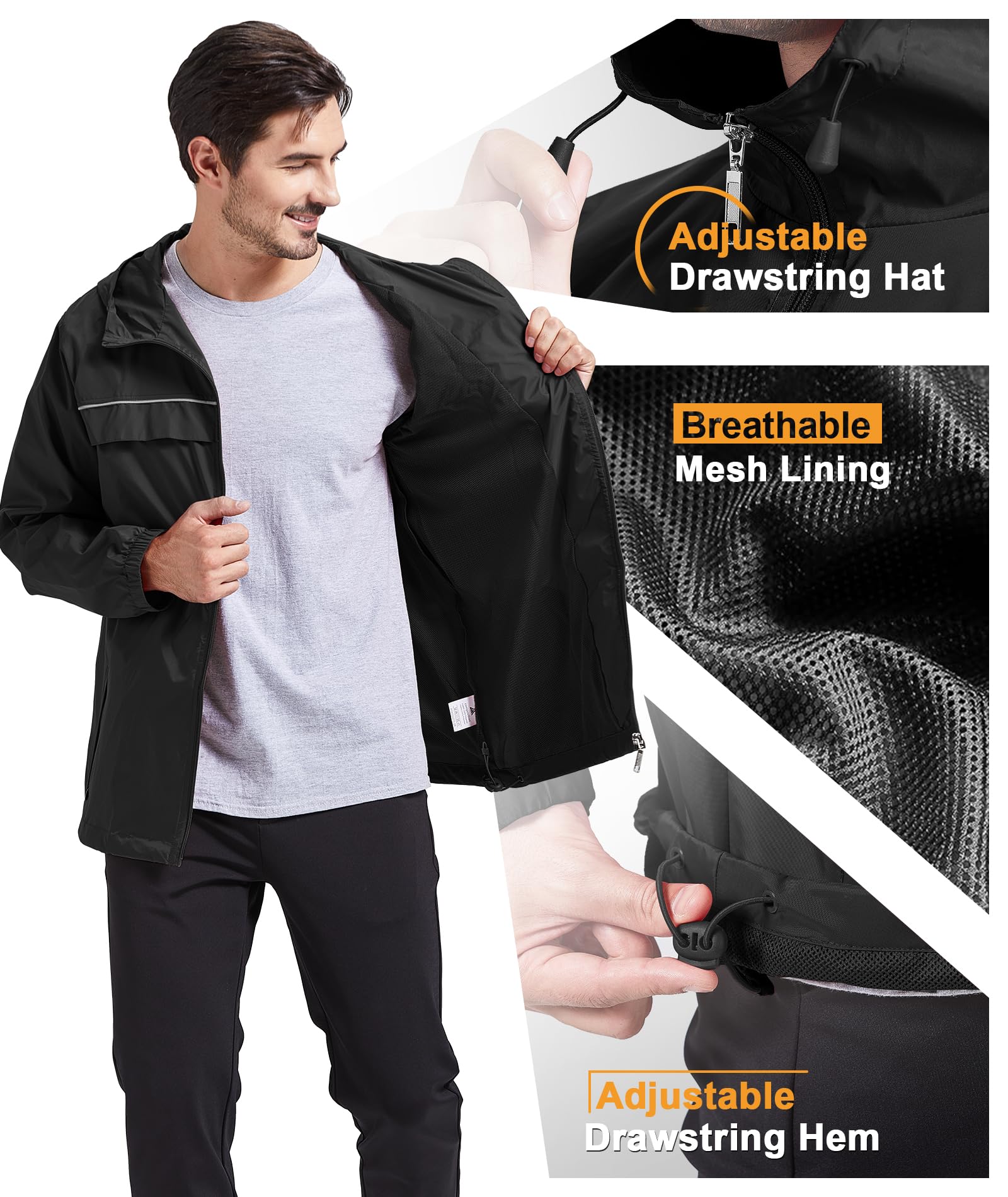 Men's Waterproof Rain Jacket - Lightweight Hooded for Hiking & Travel