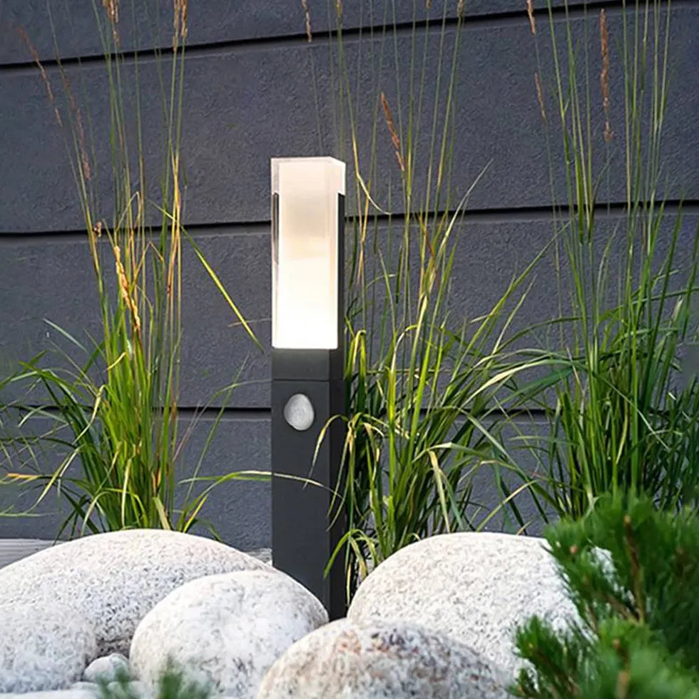 Outdoor LED Sensor Bollard Lights - Rectangular Solar Powered Garden Path Lighting for Driveway, Walkway, and Landscape