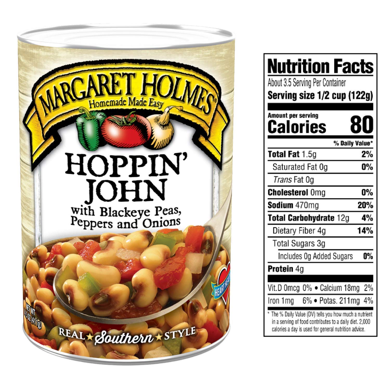 Margaret Holmes Hoppin' John with Blackeye Peas, Tomatoes, Onions & Jalapenos - 14.5 Oz Can (Pack of 6) - Ready to Eat Southern Style Side Dish for BBQ, Potlucks & Family Dinners