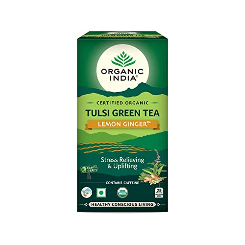 Organic India Tulsi Green Tea Bags - Lemon Ginger Flavor, 25 Count | Herbal Tea for Stress Relief & Immunity Boost | Perfect for Morning Energy & Evening Relaxation