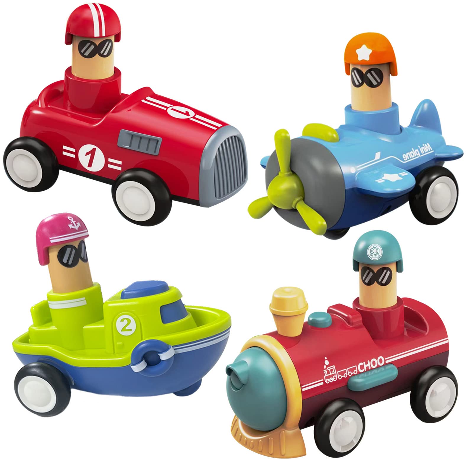 4 Pack Friction Powered Toy Vehicles - Push & Go Cars, Train, Boat, Airplane Set for Toddlers 1-3 Years Old - Perfect Gift for Boys & Girls - Great for Indoor Play, Birthday Presents & Early Learning Development