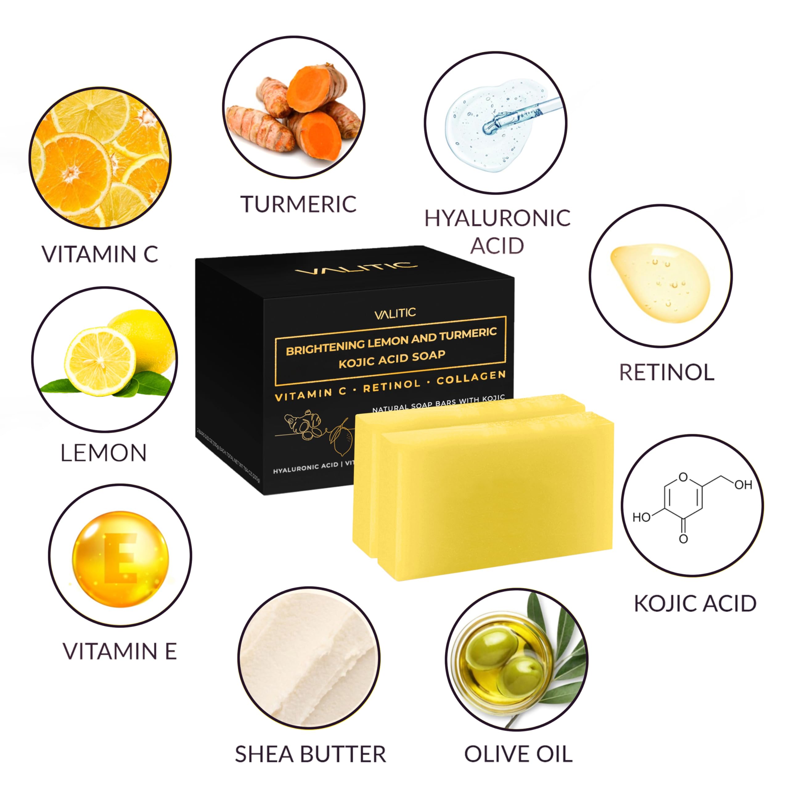 VALITIC Brightening Lemon & Turmeric Kojic Acid Soap with Vitamin C, Retinol & Collagen - Japanese Skincare Soap with Hyaluronic Acid, Vitamin E, Shea Butter & Olive Oil (2 Pack) for Glowing Skin, Dark Spot Reduction & Even Skin Tone - Perfect for Daily Face & Body Cleansing