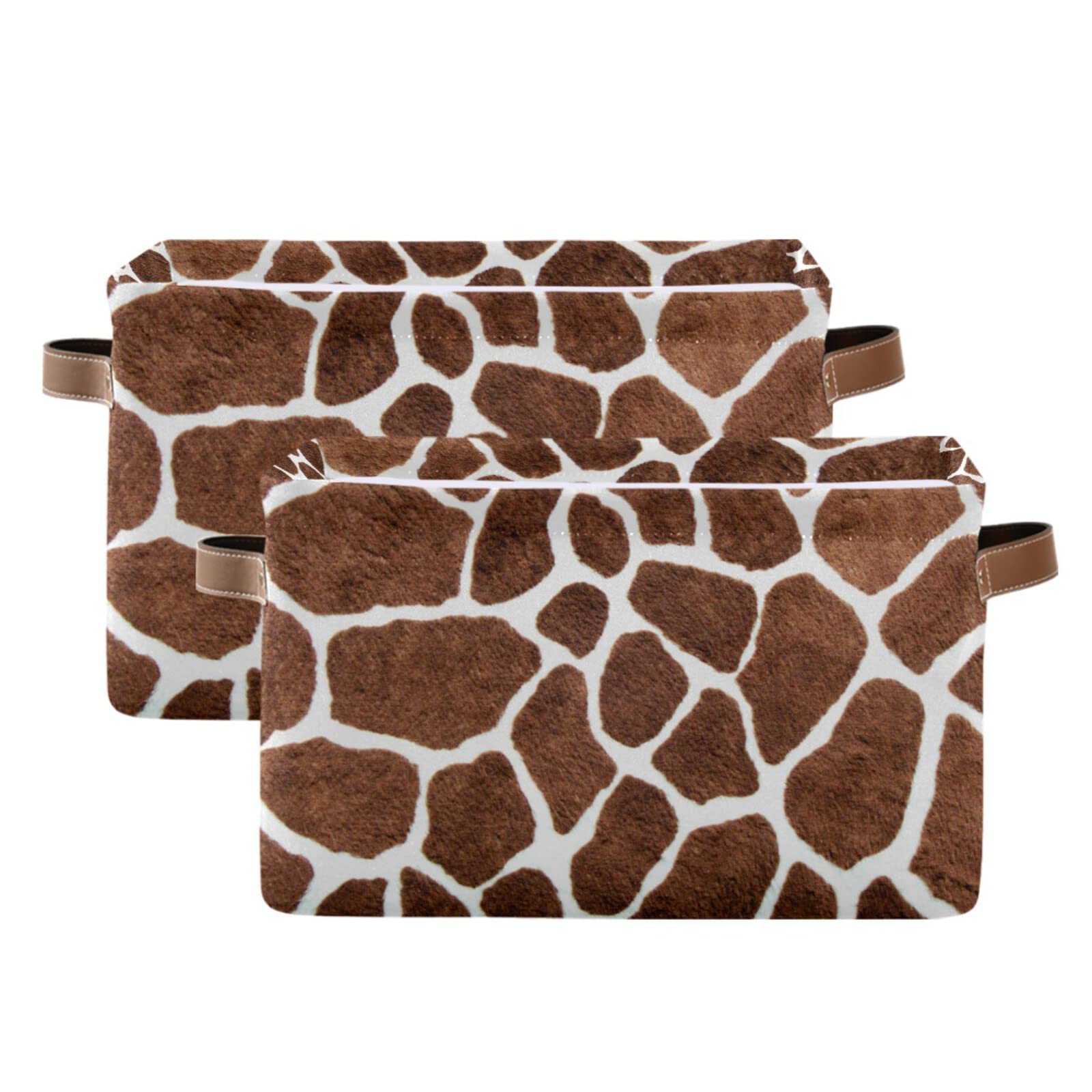 Collapsible Rectangular Storage Basket with Leather Handles - Giraffe Print Fabric Organizer Bin for Home, School & Office | Perfect for Toys, Books, Blankets & Clutter Organization