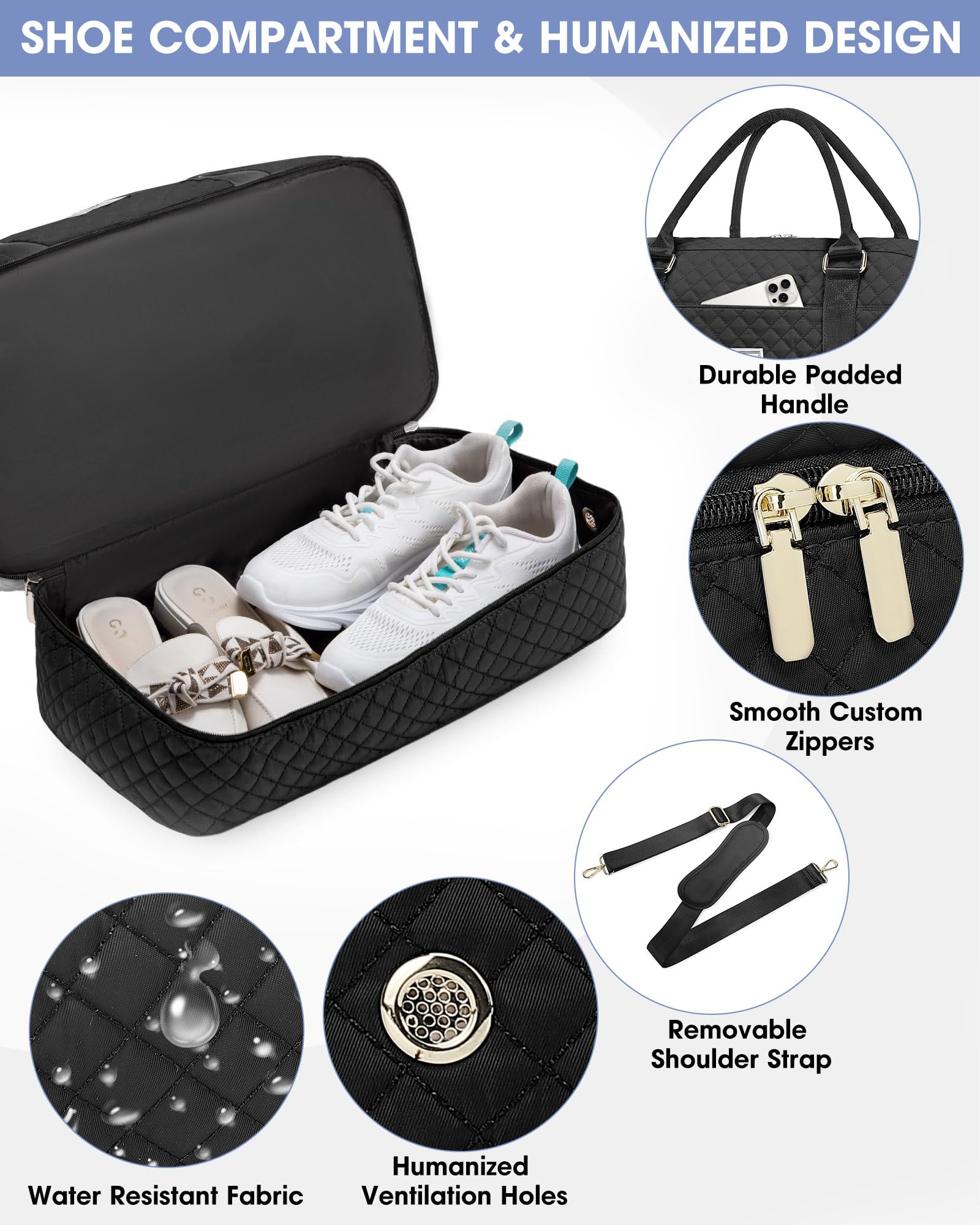 Women's Travel Weekender Bag with Shoe Compartment & Wet Pocket - Gym Yoga Duffel Carry On Overnight Bag for Hospital Labor Delivery - Perfect for Travel, Workout, Maternity & Weekend Getaways (Black)
