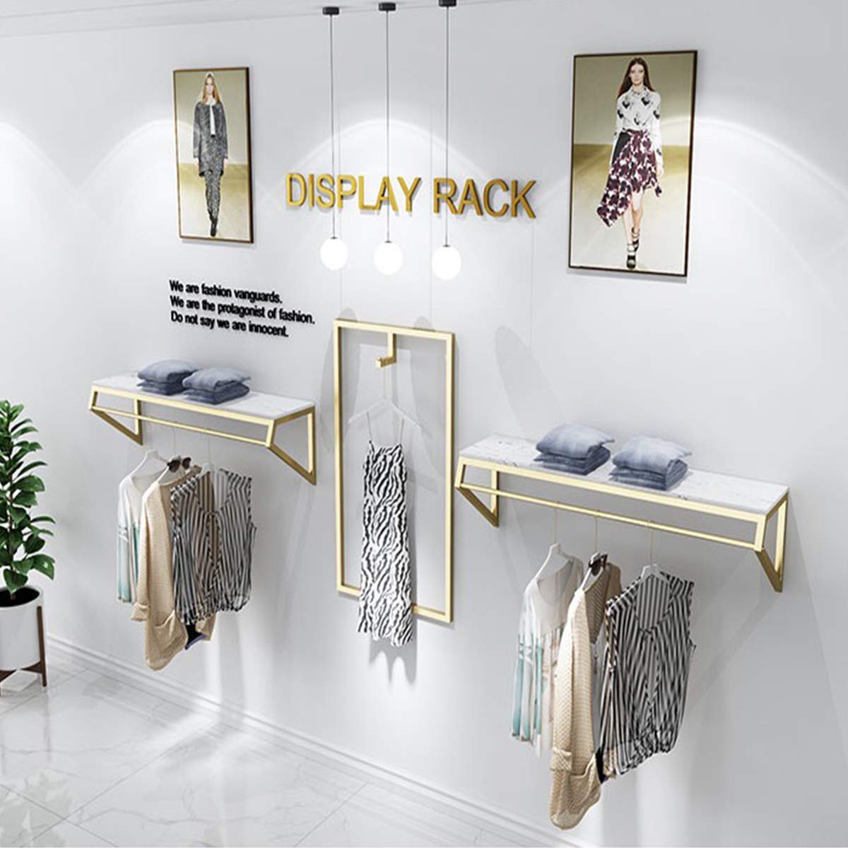 Modern Heavy Duty Metal Wall-Mounted Garment Rack with Wood - Gold Square Tube Clothes Rail for Men's & Women's Clothing Store Display or Bathroom Hanging Towel Organizer (Model B-39 L)