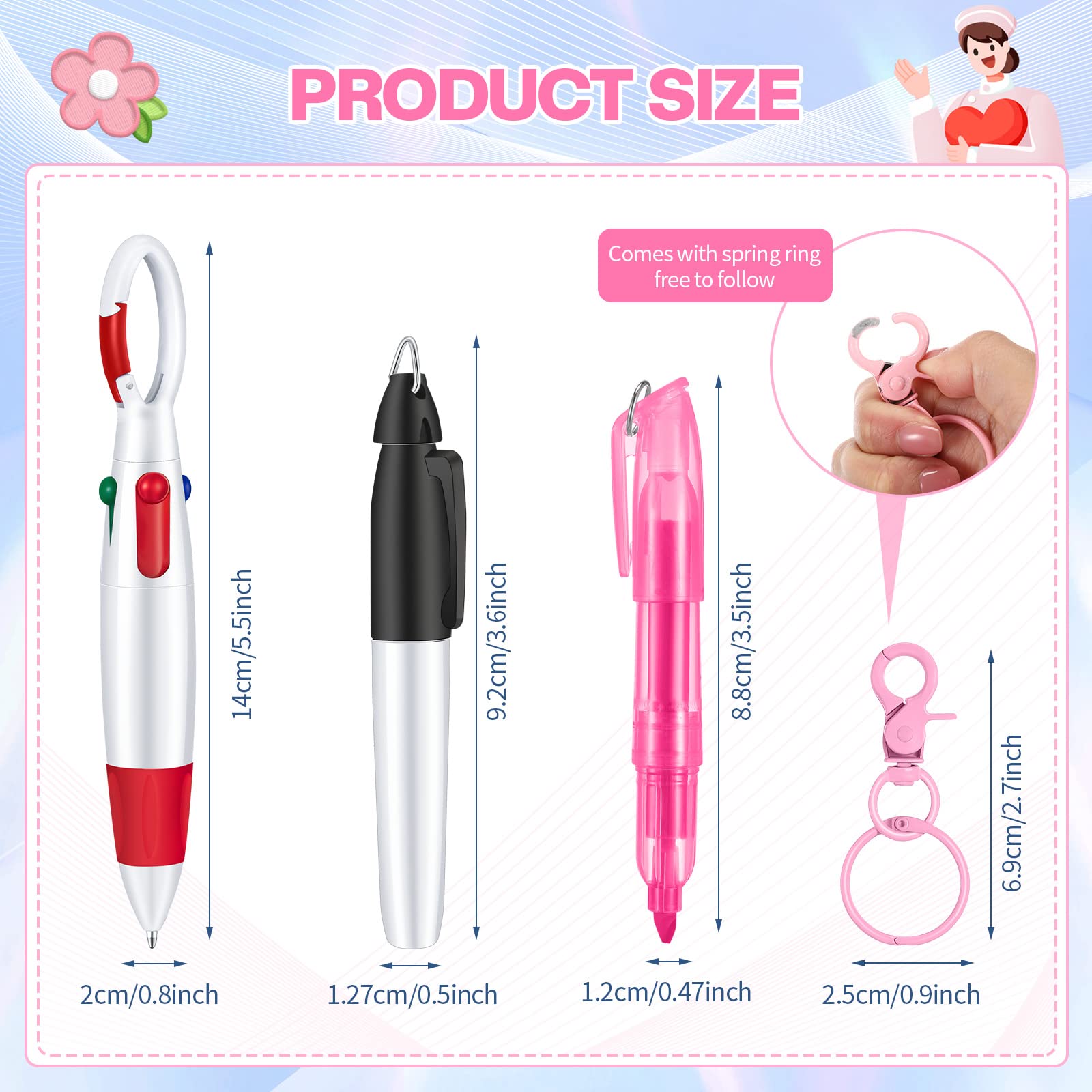 Colarr Retractable Badge Pens for Nurses - 3-in-1 Permanent Marker, Ballpoint Pen & Keychain Clip (Pink) - Perfect for Medical Professionals, Hospital Shift Work & Nursing School Essentials