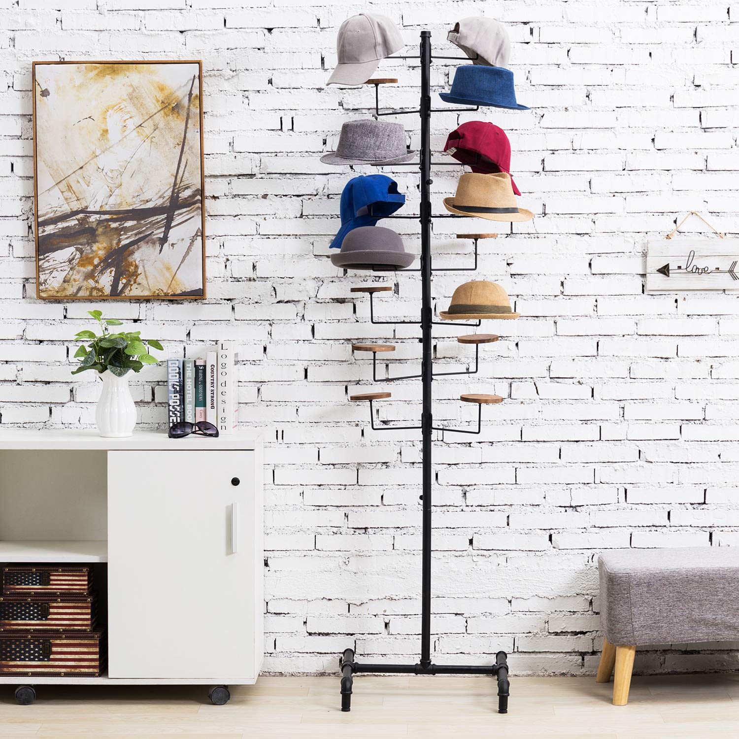 MyGift 16-Hook Industrial Black Metal Pipe Hat Display Rack - Freestanding Customizable Retail Hats & Wigs Stand with Rustic Wood Holders - Perfect for Boutiques, Clothing Stores & Home Decor