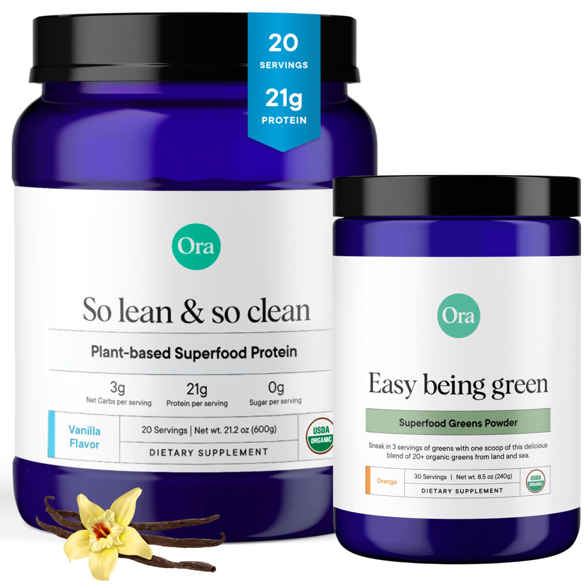 Ora Organic Superfood Greens Powder & Plant-Based Protein Bundle - Citrus & Vanilla Flavors, 30+20 Servings | Vegan, Gluten-Free Supplement for Smoothies, Energy Boost & Post-Workout Recovery