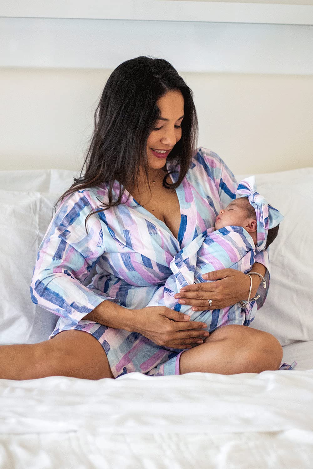 MOMMY O CLOCK Maternity Robe & Baby Swaddle Blanket Set - Soft Milk Silk Nursing Robe for Mom & Swaddling Wrap for Newborn - Perfect for Hospital Delivery, Breastfeeding & Baby Bonding Time