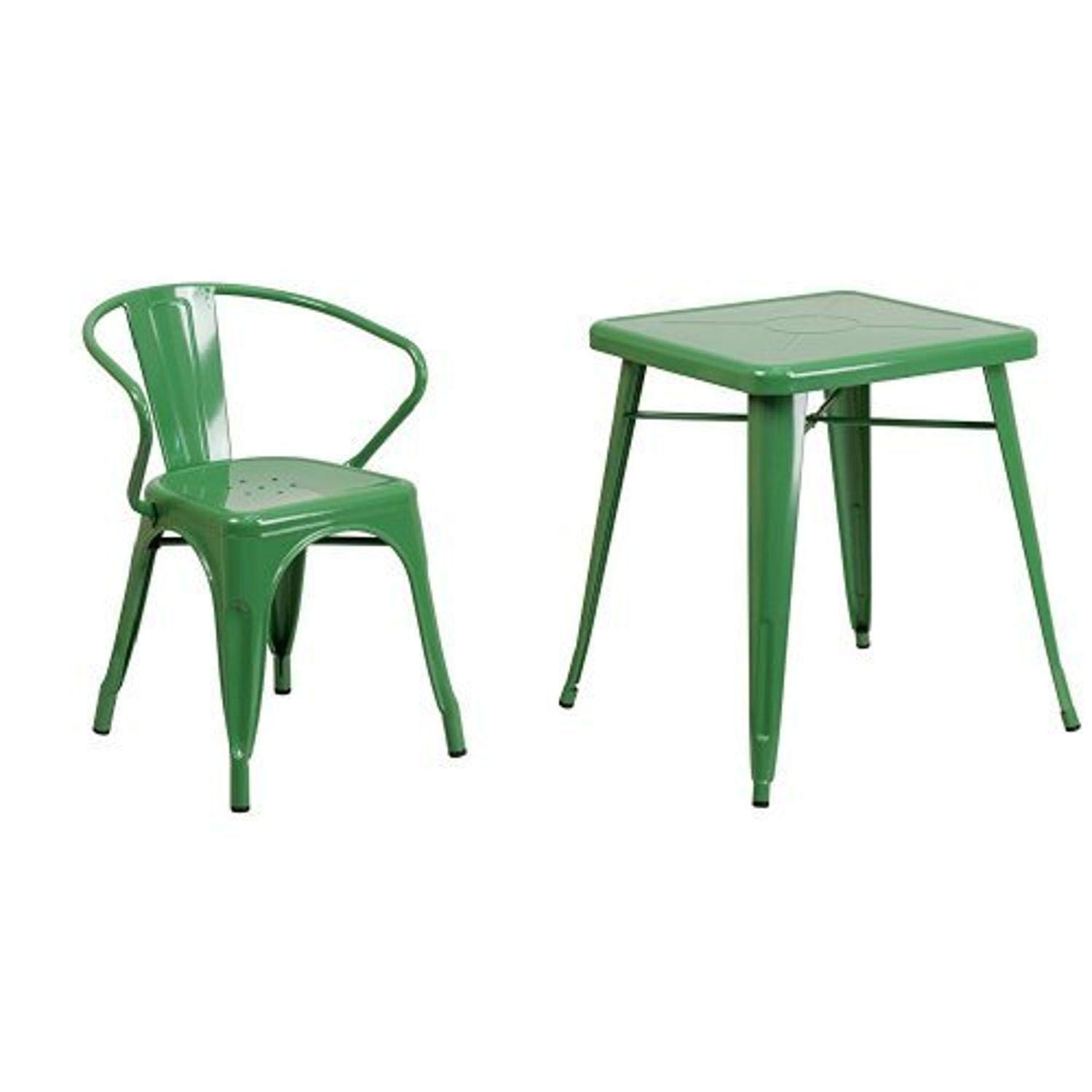 Flash Furniture 23.75'' Square Green Metal Indoor-Outdoor Dining Table Set with 2 Arm Chairs - Perfect for Patio, Garden, Balcony & Small Space Decor