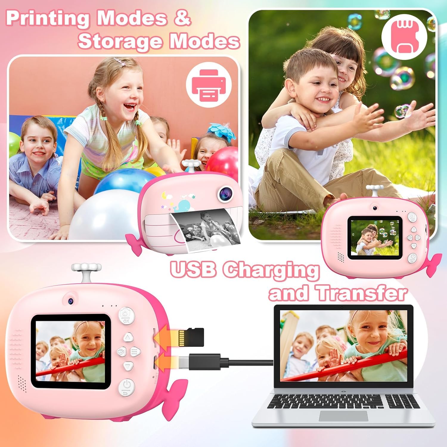 12MP Kids Instant Print Camera - Ink-Free Printing, Selfie Camera for Boys & Girls Ages 3-12 (Pink) | Perfect Birthday Gift & Travel Companion for Kids