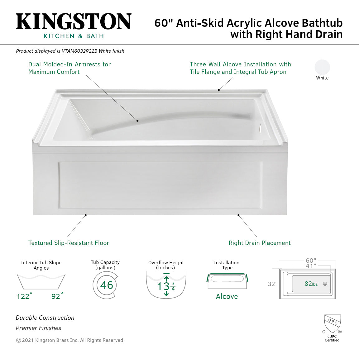 Aqua Eden VTAM6032R22B 60-Inch Acrylic Rectangular 3-Wall Alcove Bathtub with Armrest & Anti-Skid Surface, Right-Hand Drain, Glossy White – Perfect for Modern Bathrooms, Spa-Like Relaxation at Home
