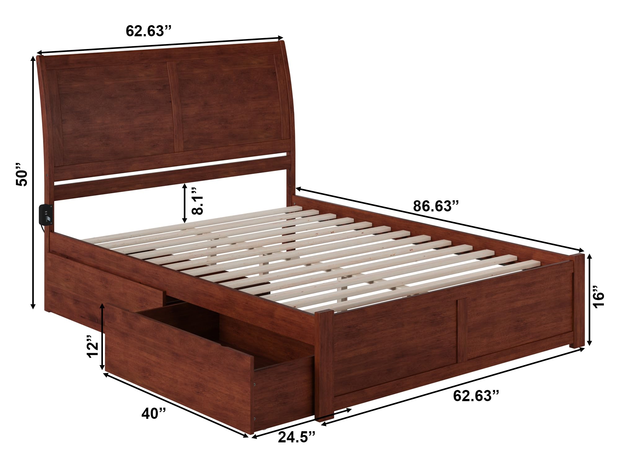 AFI Portland Queen Size Platform Bed Frame with Footboard & 4 Storage Drawers - Solid Walnut Wood - Modern Bedroom Furniture for Small Spaces & Guest Rooms