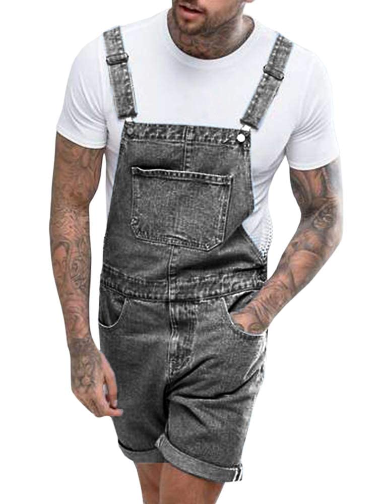 Runcati Men's Denim Shorts Bib Overalls - Loose Fit Jean Romper with Button Pockets | Summer Jumpsuit for Casual Wear, Outdoor Activities & Street Fashion
