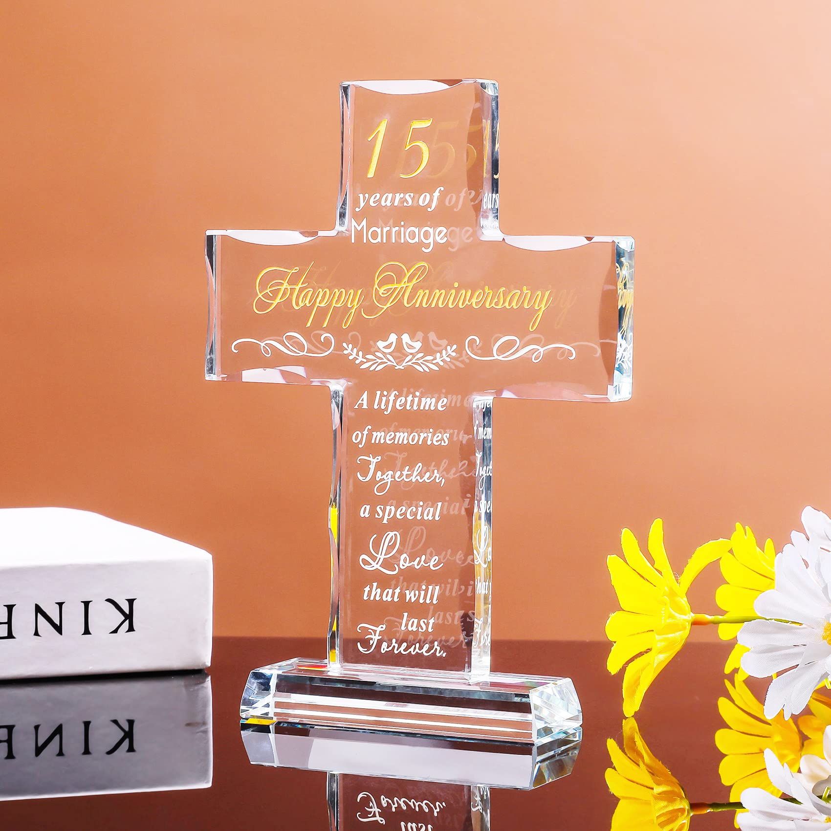 15th Anniversary Glass Cross Gift for Couples - Romantic Wedding Anniversary Present for Him & Her - 15 Years Marriage Keepsake - Perfect for Christian Celebrations, Vow Renewals & Milestone Gifts