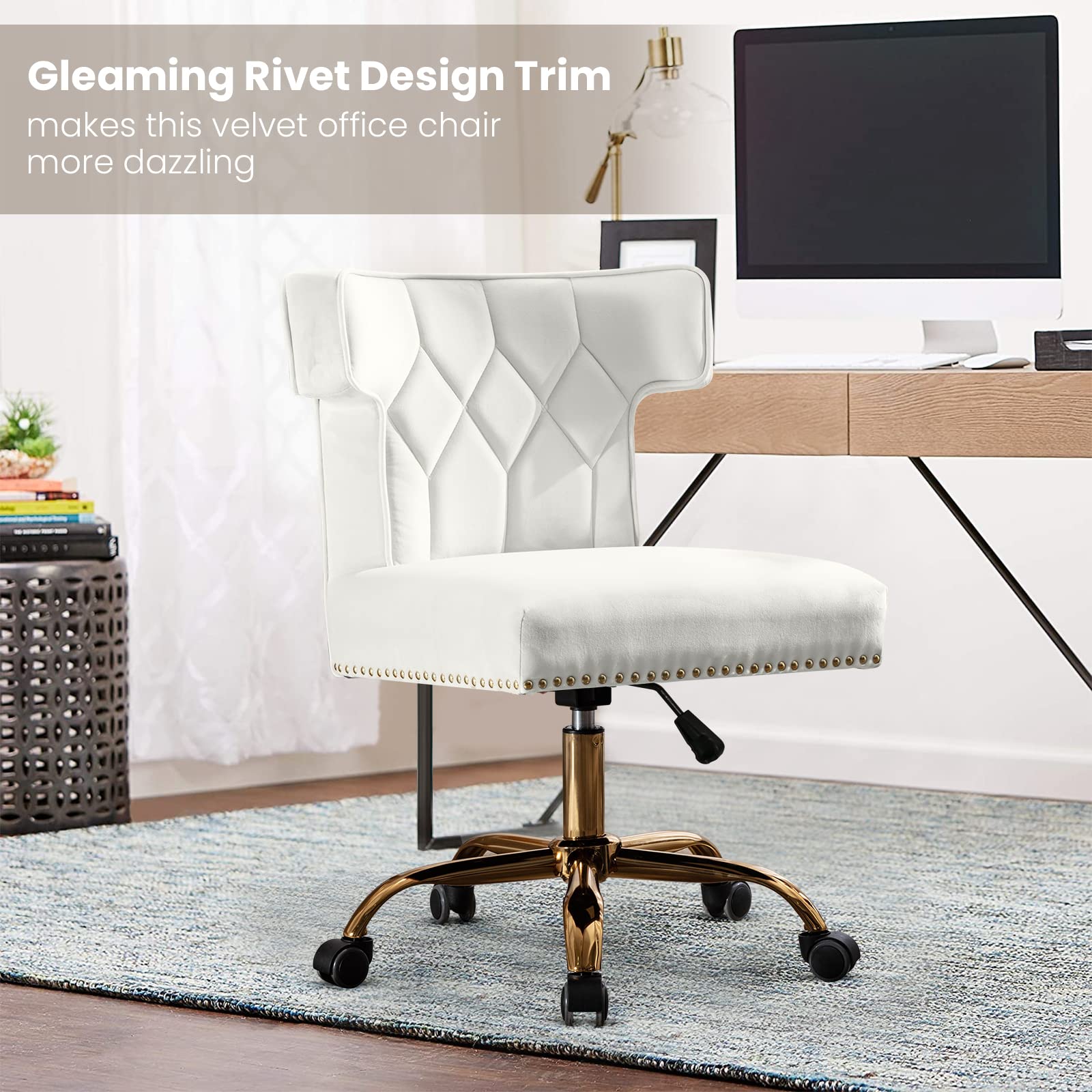 Premium Velvet Home Office Chair - Modern Adjustable Swivel Desk Chair with High Back Support, 360° Smooth Rolling Gold Wheels - Ergonomic Computer Chair for Living Room, Bedroom & Office Workspace (Beige) - Perfect for Remote Work, Gaming & Study Sessions