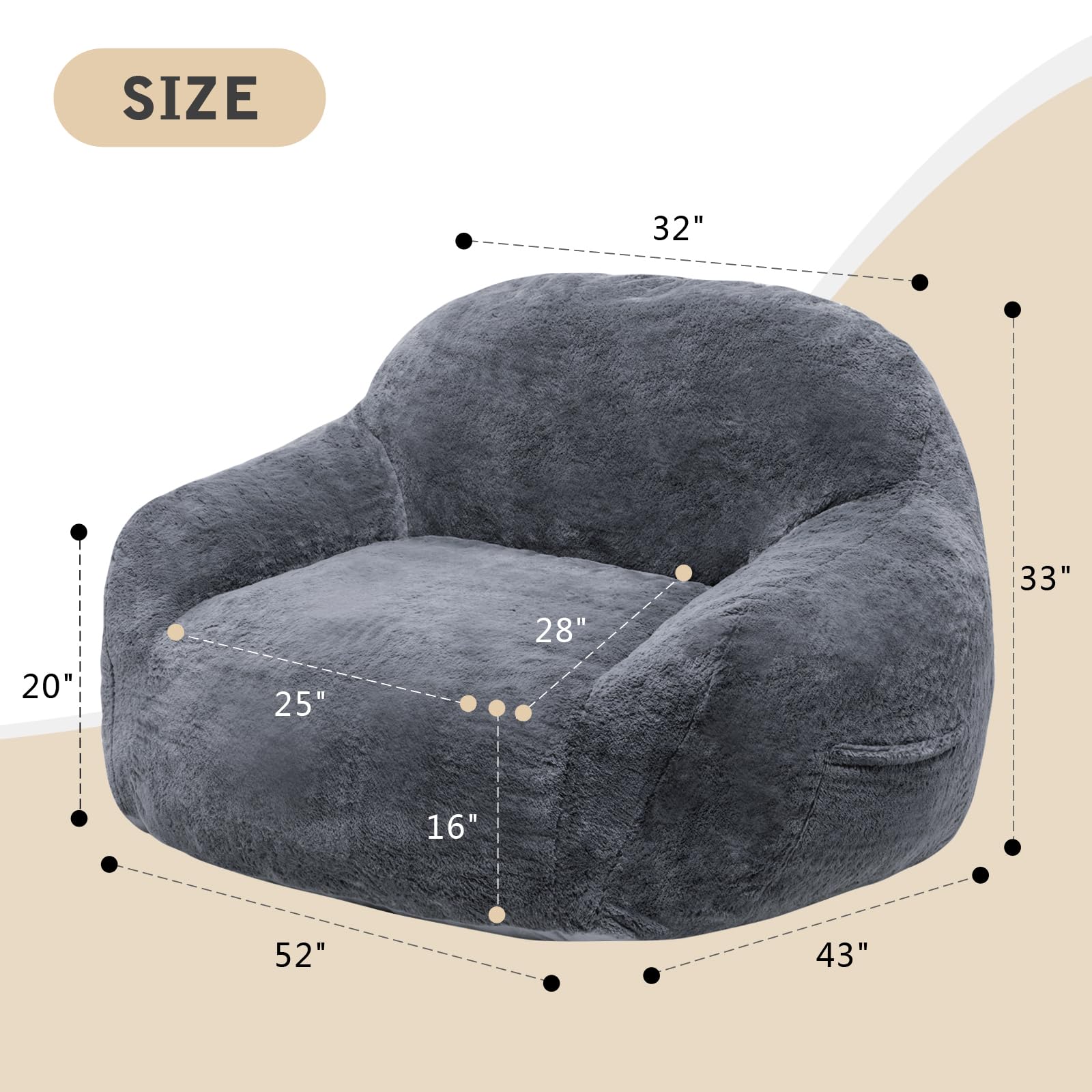 Giant Bean Bag Chair for Adults - Large Faux Fur Shell-Shaped Lounge Chair with Armrests & Filler, Oversized Accent Sofa for Living Room, Bedroom, Dorm - Perfect for Relaxing, Reading & Gaming (Gray)