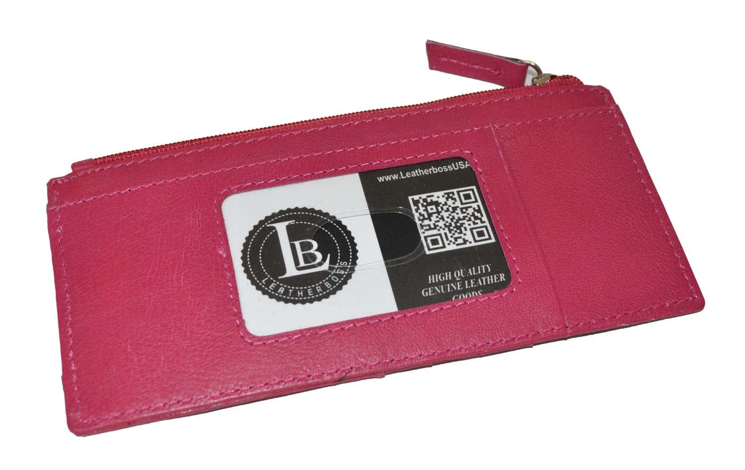 Genuine Leather Women's Slim Wallet - Card Holder with Zipper for Business & Travel (Pink)