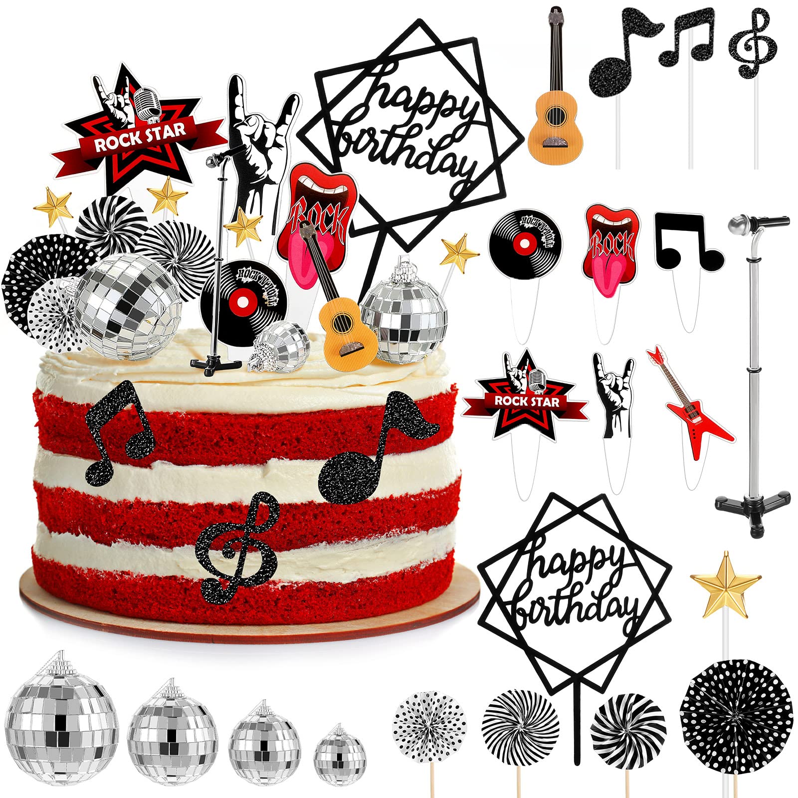 28-Piece Rock and Roll Cake Topper Set - Guitar, Microphone, Music Note & Disco Ball Cupcake Toppers for Musical Birthday Party Decorations | Perfect for Rock Theme Cakes, Cupcakes, and Dessert Tables
