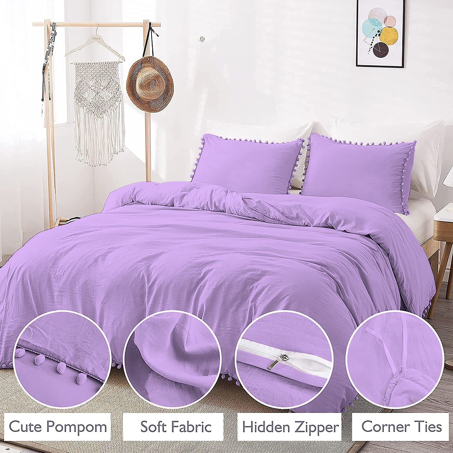 Modern Pom Fringe Duvet Cover Set - 3 Piece Bedding Set with Zipper Closure for Full/Queen Size Beds (Lilac) | Soft Down Comforter Cover for Cozy Bedrooms & Guest Rooms