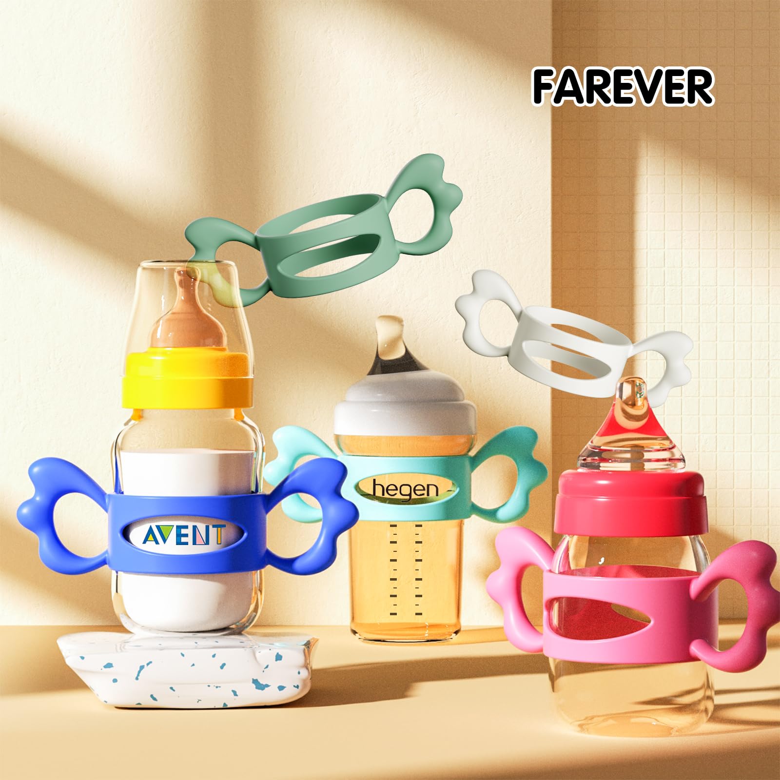 Baby Bottle Handles - 4 Pack Silicone Wide-Neck Bottle Grips for Easy Holding, Fits Bottles Over 6cm Outer Diameter, Pink Angel Wing Design - Perfect for Toddler Self-Feeding, Daycare, and Travel Use
