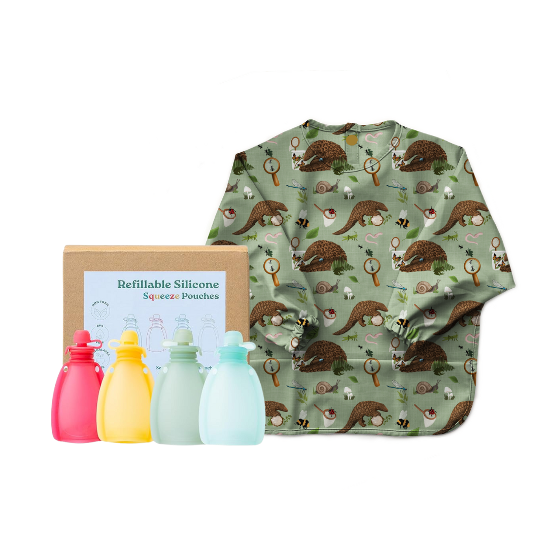 Baby Smock Bib with Reusable Food Pouches Set - Waterproof Feeding Bib & Spill-Proof Snack Bags for Toddlers, Infants & Kids - Perfect for Mealtime, Daycare & On-the-Go Snacking
