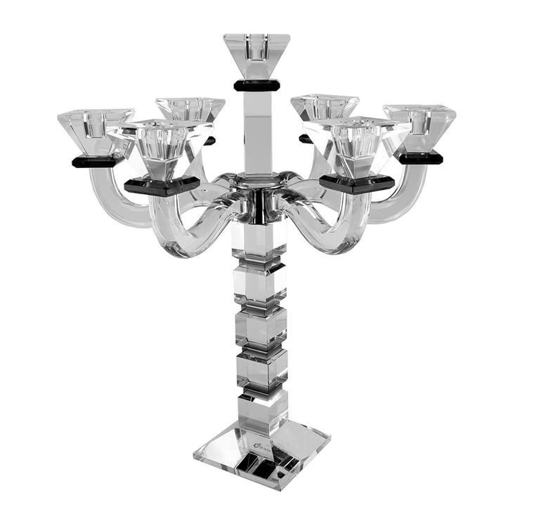Elegant Black Judaica Crystal Candelabra - 7 Arm Square Design Candle Holder for Hanukkah, Shabbat & Jewish Home Decor