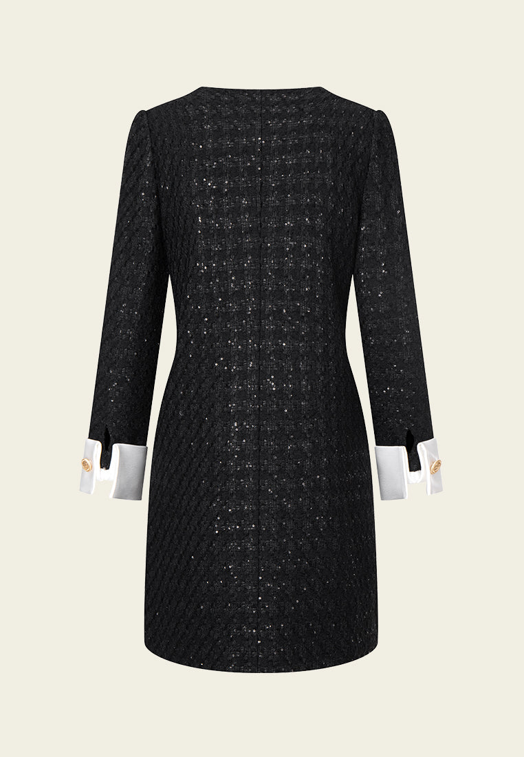 Elegant Midi Length Sequin Detail Houndstooth Tweed Dress with Contrasting Trim - Perfect for Cocktail Parties, Holiday Events & Formal Occasions