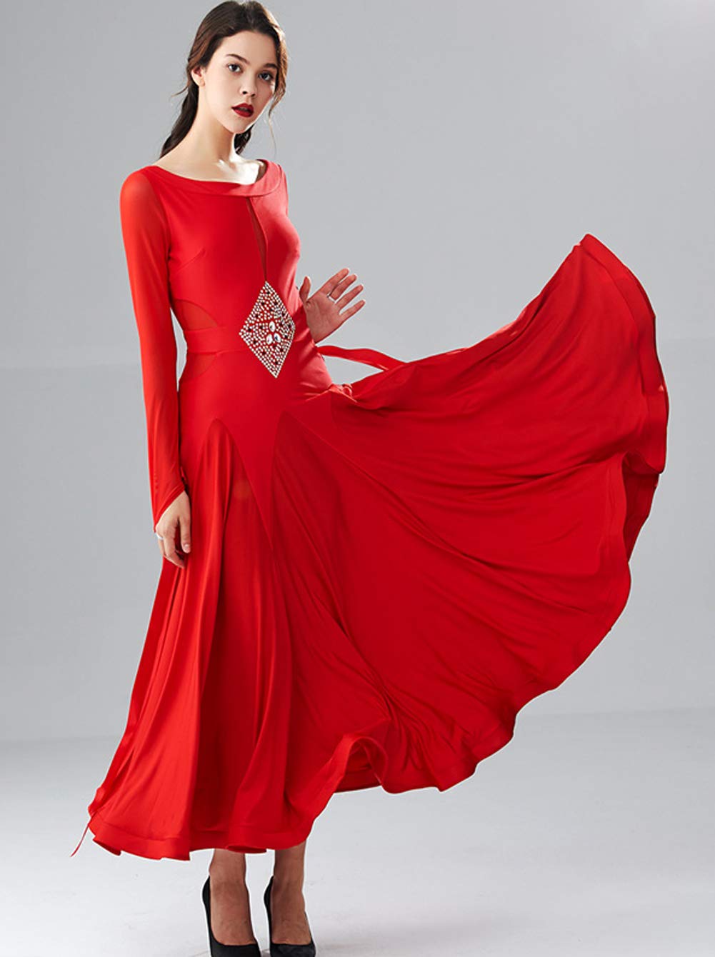 Elegant Long Sleeve Ballroom Dance Dress - Modern Flamenco & Waltz Performance Gown - Professional Standard Practice Wear & Competition Costume for Latin, Swing & Social Dancing