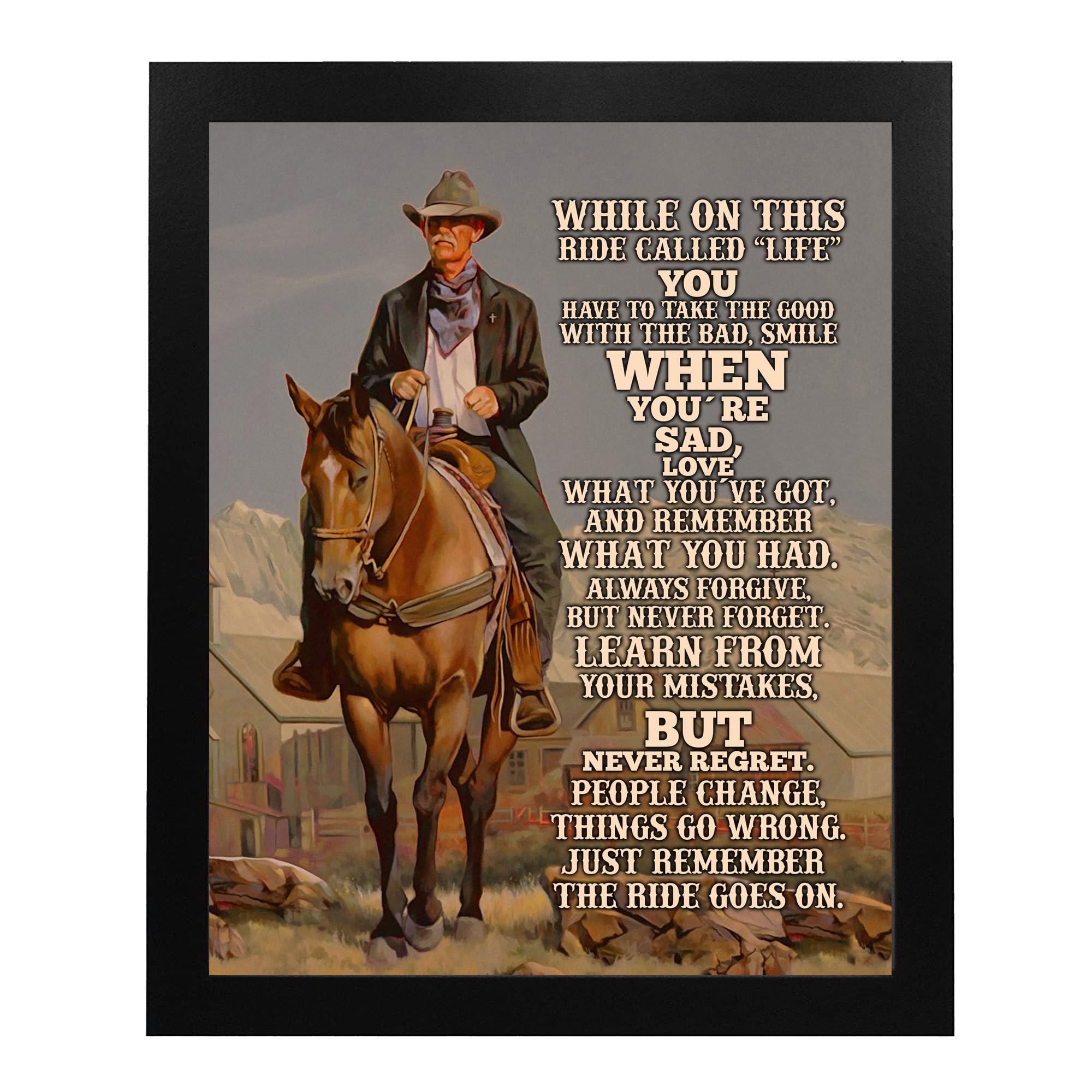 Ride Called Life - Inspirational Western Wall Art with Cowboy Photo Print, Motivational Rustic Decor for Living Room, Office, Library & Home - Unframed 11x14 - Perfect for Western Theme Decor & Cowboy Lovers