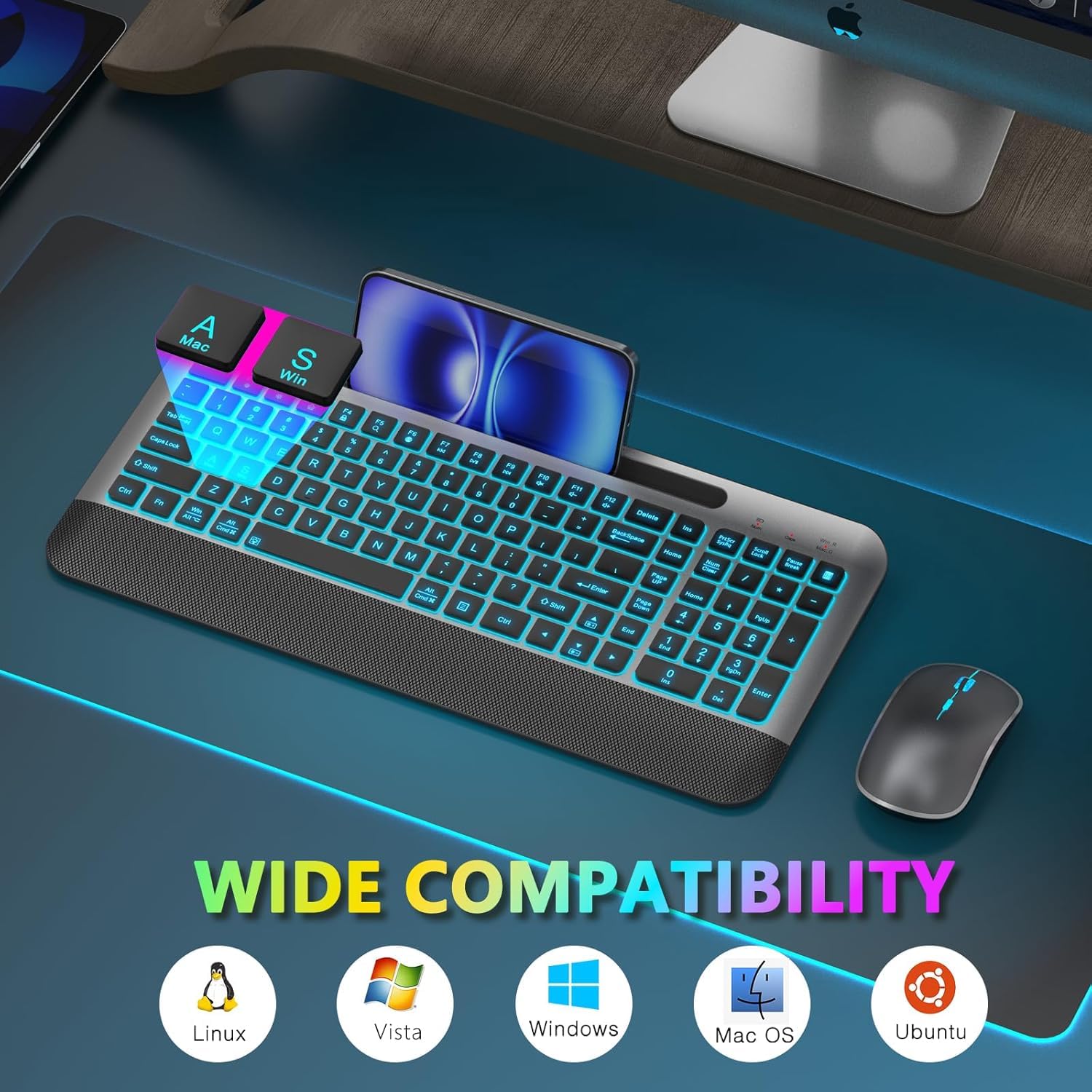 JOYACCESS Wireless Keyboard and Mouse Combo - Rechargeable Backlit Keyboard with RGB Mouse, Compact Quiet Cordless Set for Mac Windows PC Laptop (Space Gray) | Perfect for Office Work, Gaming & Home Use
