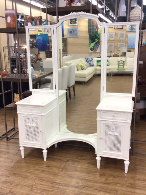 White 4-Piece Wood & Rattan Vanity Set with Mirror - Elegant Bathroom Furniture for Bedroom & Dressing Room Makeup Organization