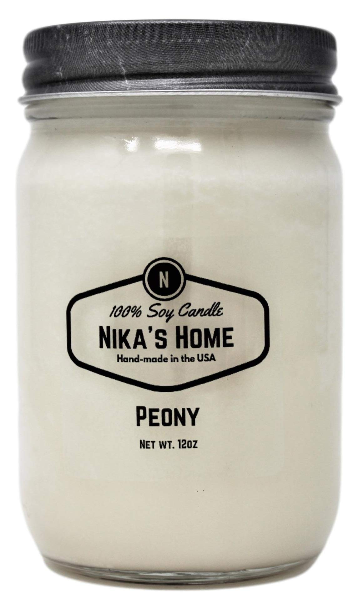 Nika's Home 12oz Peony Scented Soy Candle in Mason Jar - Non-Toxic, Handmade, Long-Lasting 50-60 Hours - Highly Fragranced All-Natural Clean Burning Candle for Home Décor, Gifts & Relaxation - Perfect for Living Rooms, Bedrooms, Spa Days and Romantic Ambiance