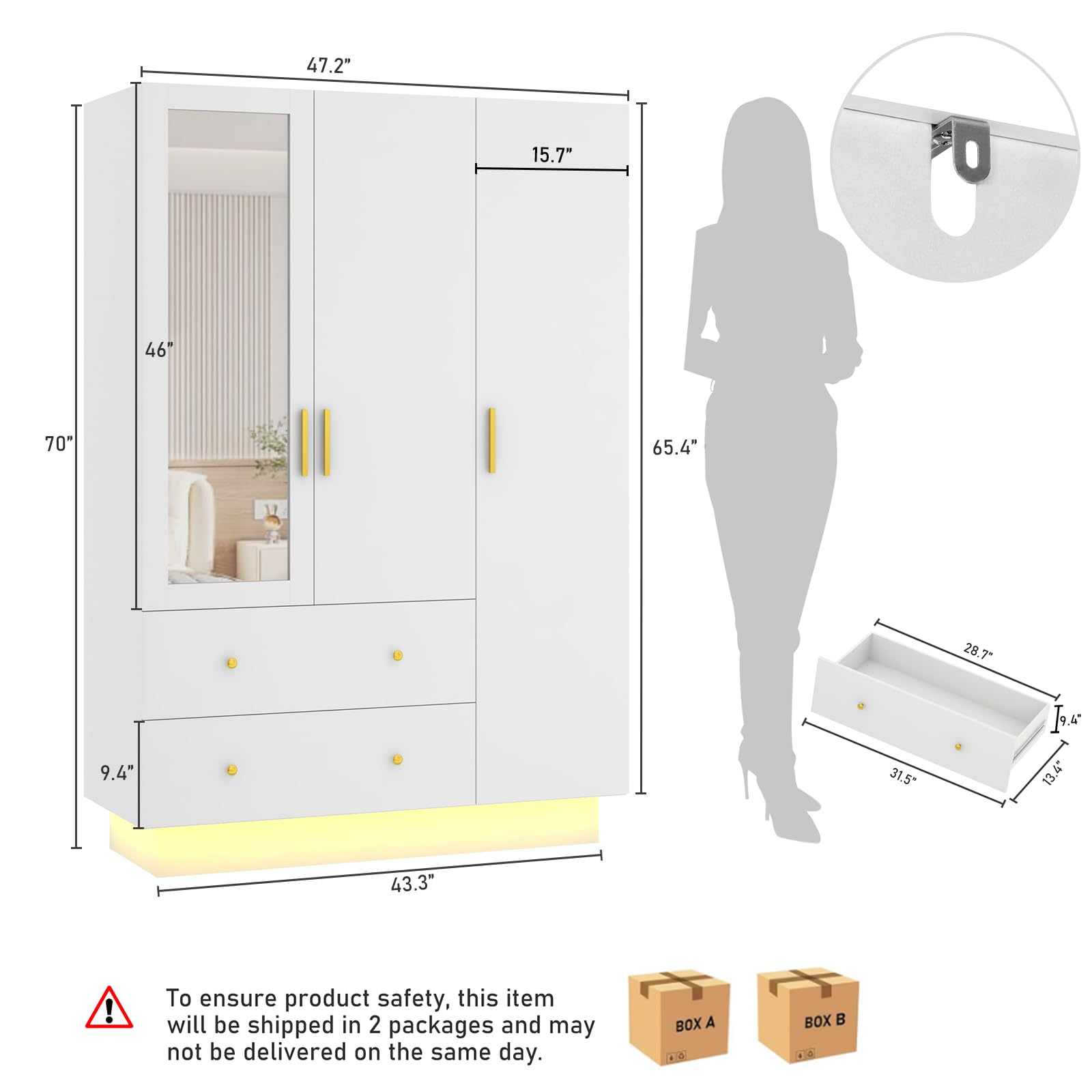 3-Door Armoire Wardrobe Closet with Full-Length Mirror & LED Lighting - Wooden Storage Cabinet with Hanging Rod, Adjustable Shelves & Drawers - White - Perfect for Bedroom, Closet Organization & Home Storage Solutions