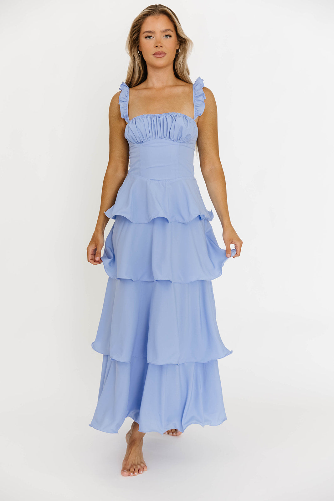 Lily Ruffle Strap Tiered Maxi Dress in Baby Blue | Flowy Summer Beach Dress for Women | Perfect for Vacations, Weddings & Date Nights