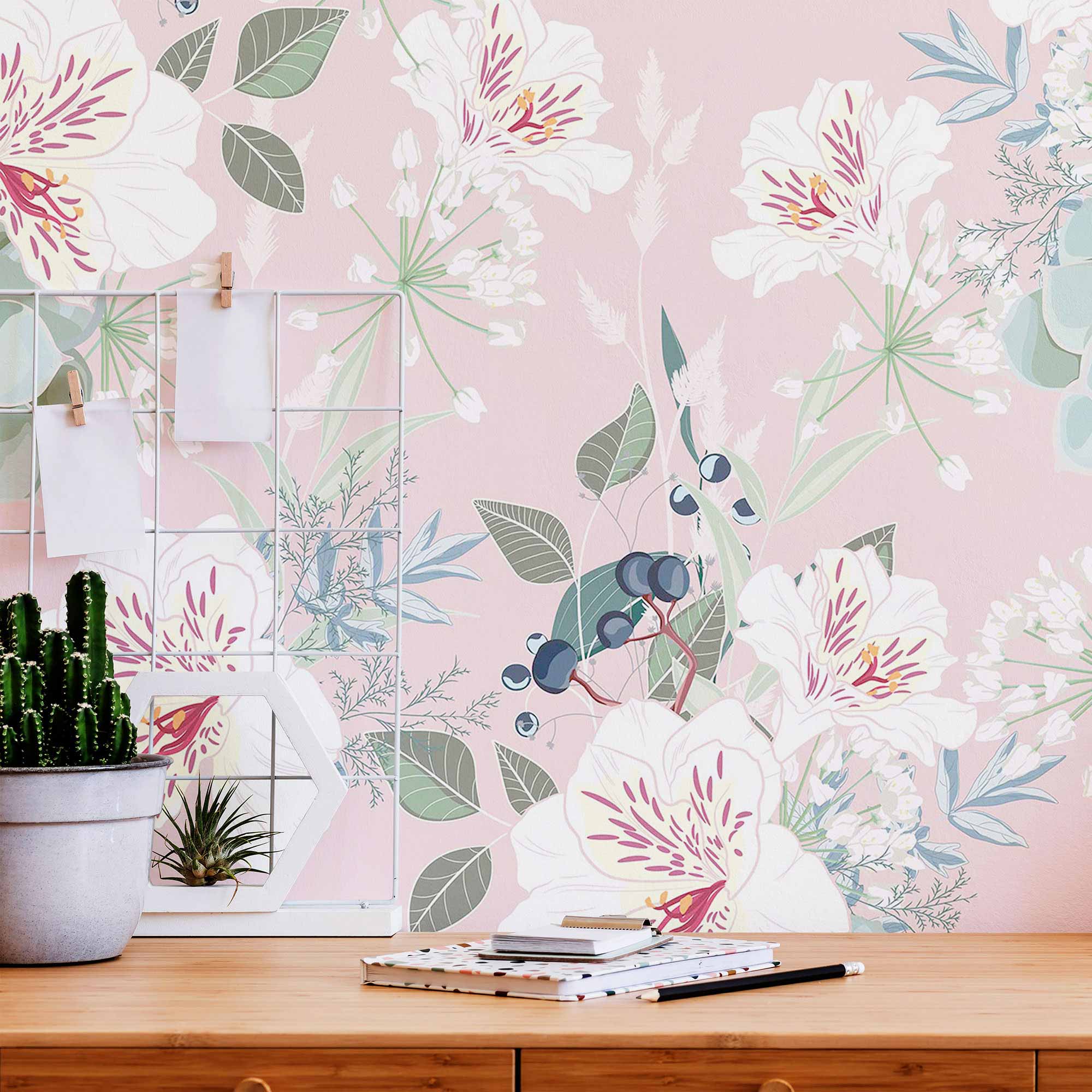 Pink Floral Peel and Stick Removable Wallpaper - Self-Adhesive Wall Decor for Bedroom, Living Room & Nursery - Easy to Apply & Remove - 1136 Design