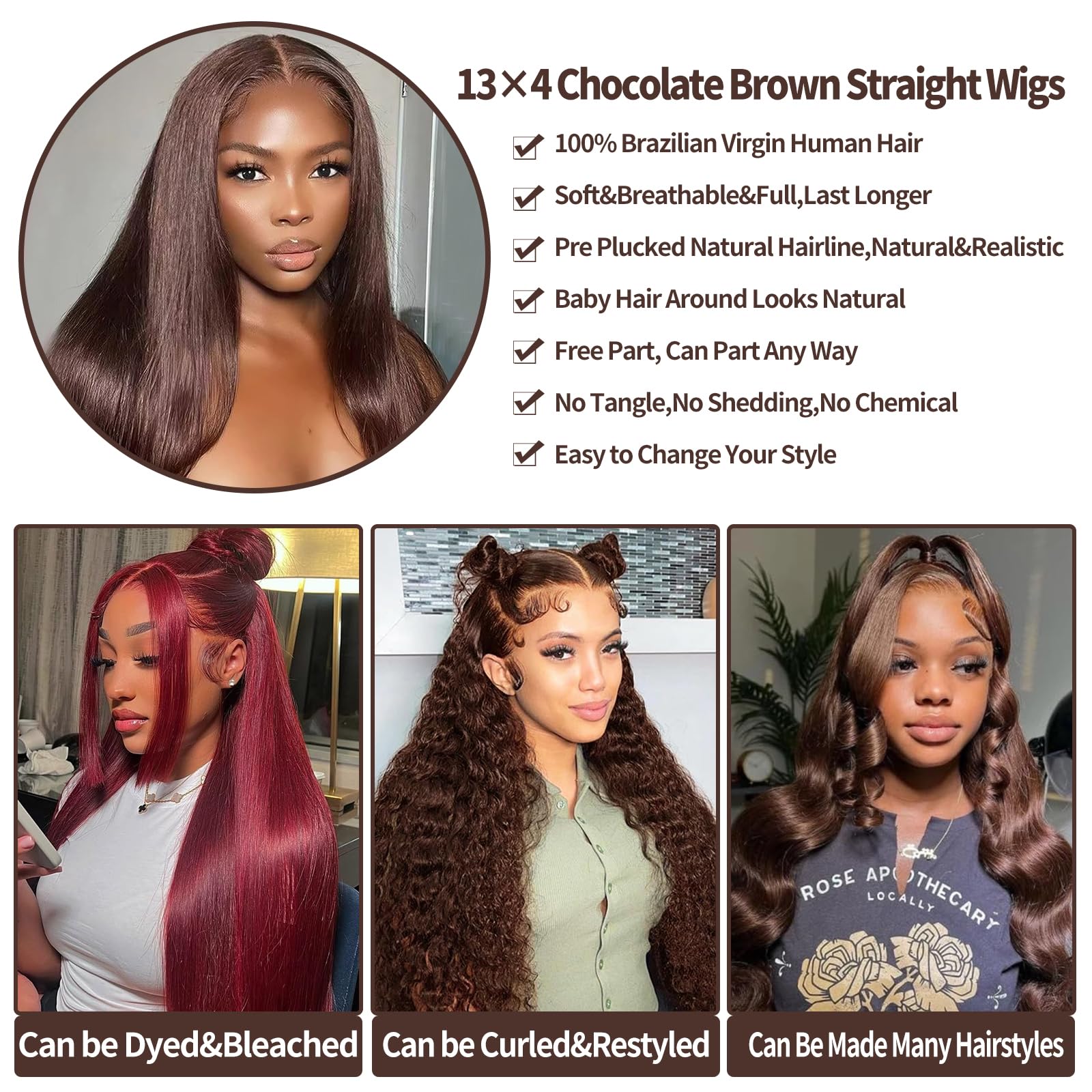 200 Density Chocolate Brown Lace Front Wig Human Hair 30 Inch Straight 13x4 HD Transparent Full Frontal Wigs - Pre Plucked with Baby Hair 4# Brown - Perfect for Cosplay, Daily Wear & Special Occasions