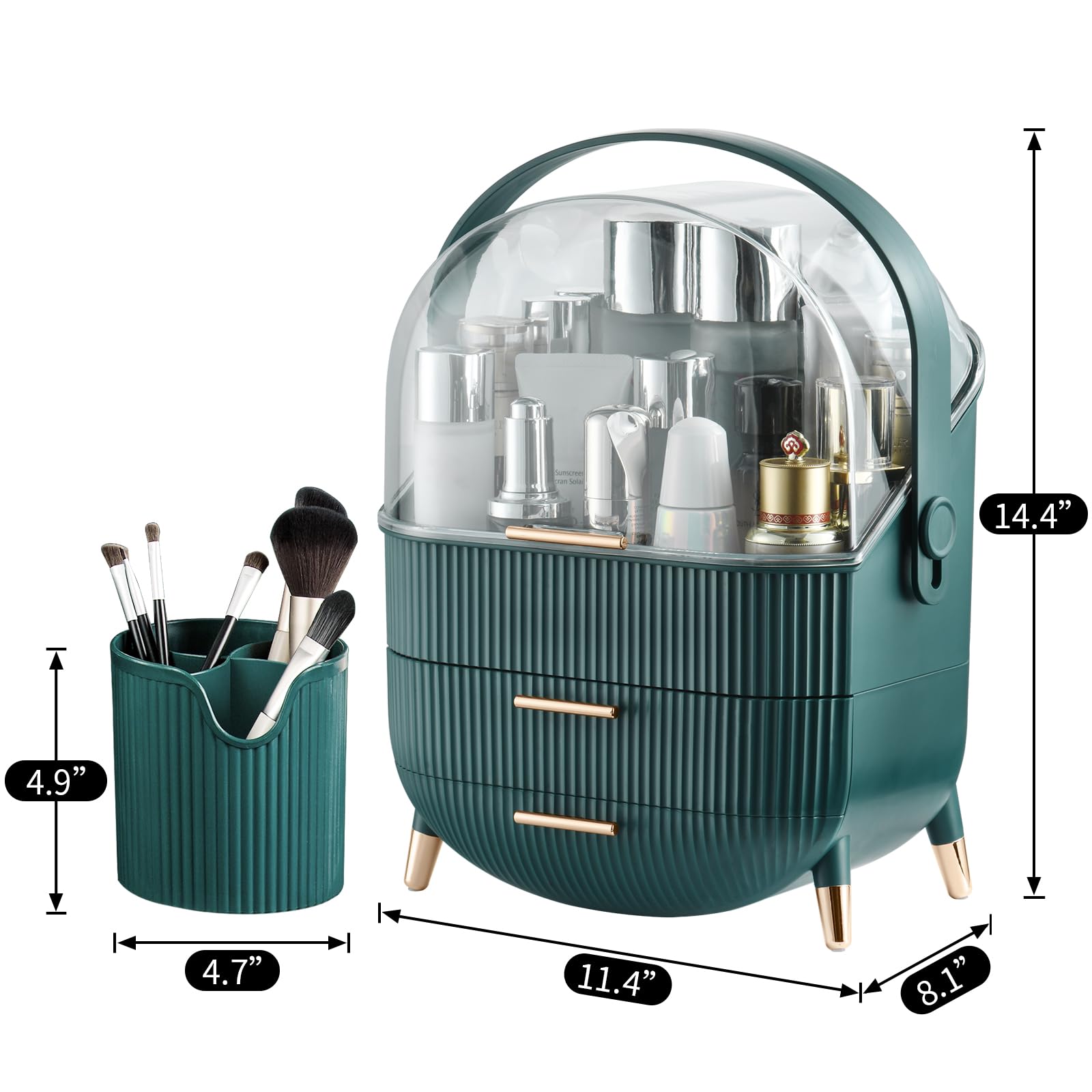 CANITORON Makeup Organizer with 2 Drawers & Brush Storage - Cosmetic Display Case for Vanity & Bathroom Countertop - Green Skincare Organizer for Daily Beauty Routine & Travel Essentials