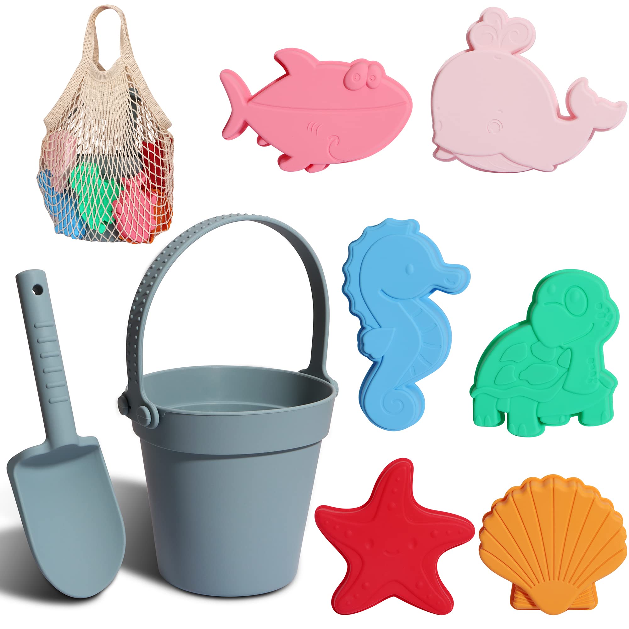 Hungtse Silicone Beach Toys for Kids - 8PCS Toddler Sandbox Set with Bucket, Shovel, 6 Marine Life Molds & Travel Bag, Collapsible Sand Toys for Beach, Pool, and Outdoor Play (Blue)