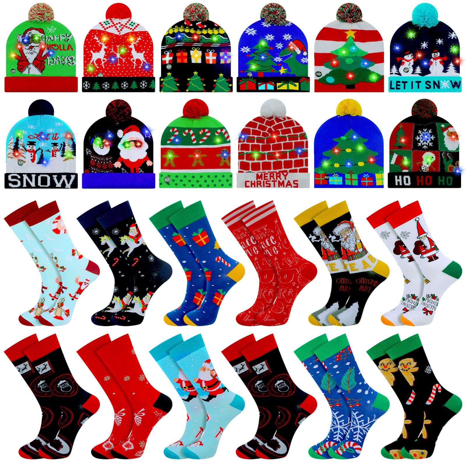 JaGely 24-Piece Christmas Light Up Hat Set - LED Knitted Beanie with Fun Crew Socks for Adults | Battery-Powered Holiday Accessories | Perfect for Christmas Parties, Gift Exchanges & Festive Celebrations
