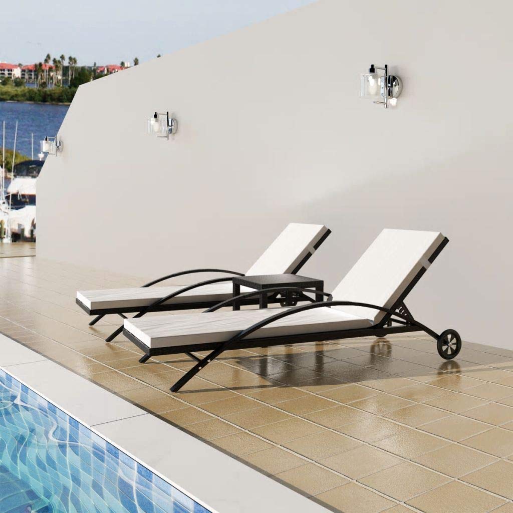 Outdoor Balcony Lounger with Coffee Table - Padded Rattan Sun Lounger Set for Patio, Garden or Poolside Relaxation (Black)