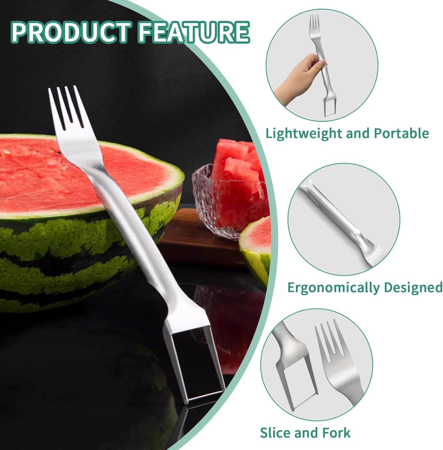 Stainless Steel 2-in-1 Watermelon Slicer and Fork - Portable Fruit Cutting Tool for Home, Parties, Camping & Kitchen - Easy Watermelon Wedge Cutter (1 Pack) | Perfect for BBQs, Picnics, Summer Gatherings & Outdoor Adventures