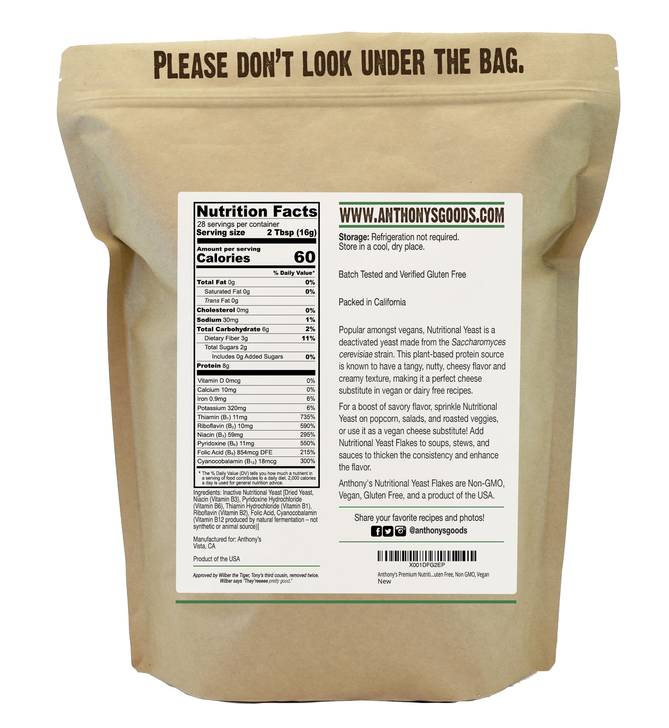 Anthony's Premium Nutritional Yeast Flakes - 1 lb | Fortified with B Vitamins | Gluten Free, Non-GMO, Vegan | Perfect for Popcorn, Pasta & Vegan Recipes