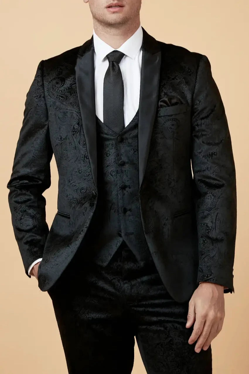 Marc Darcy Simon Black Velvet Tuxedo Lapel Jacquard Blazer for Men | Formal Dinner Jacket | Wedding, Prom & Evening Wear