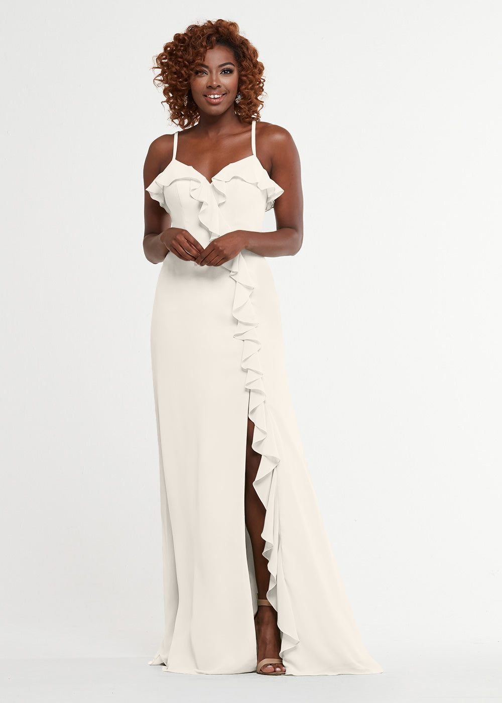 Elegant 80174 Chiffon A-Line Bridesmaid Dress with Ruffles & High Slit - Perfect for Weddings, Prom & Formal Events