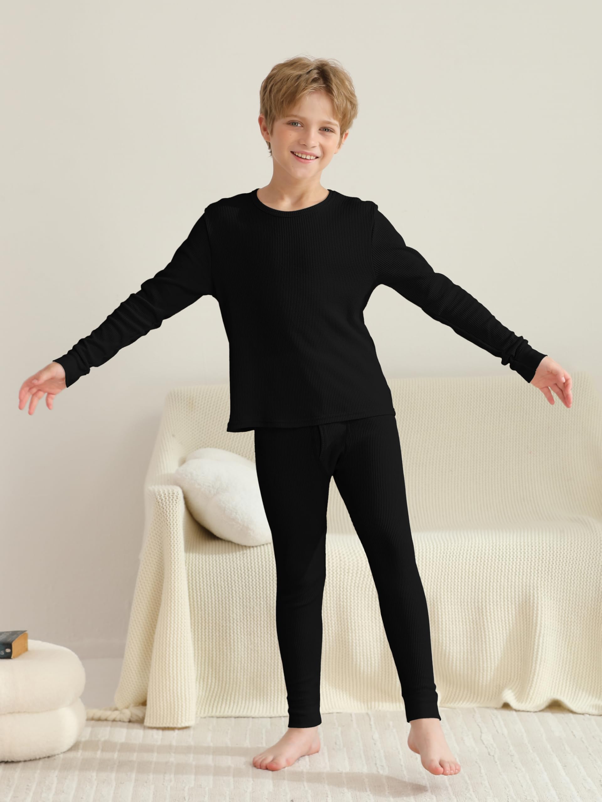 VZV 2-Pack Kids Thermal Underwear Set - Boys Long Sleeve Waffle Knit Base Layer Top & Bottom for Cold Weather - Winter Sports, Skiing, Snowboarding & Outdoor Activities