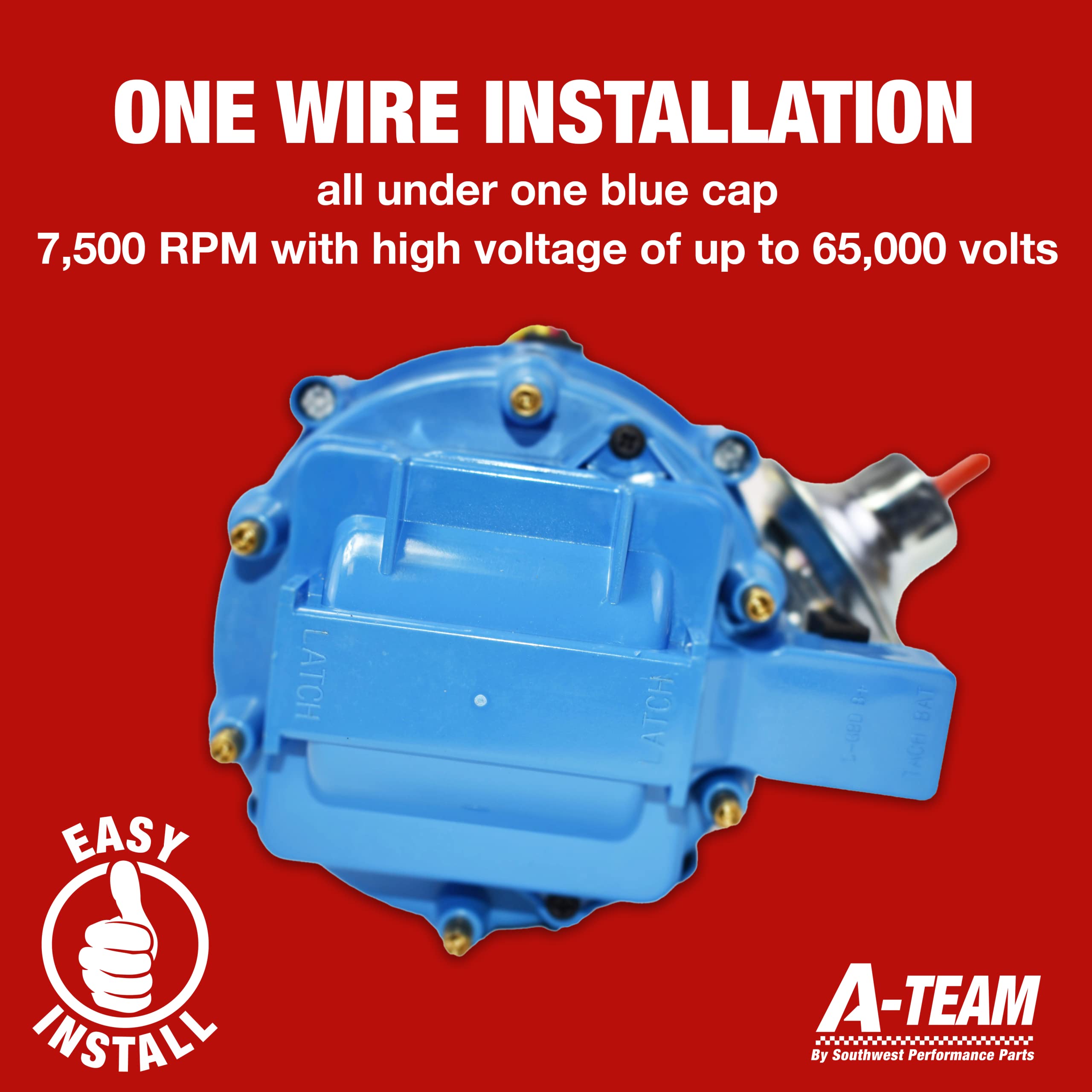 A-Team Performance Complete HEI Distributor with Ignition Module - Compatible with Ford F100 F150 F250 E100 E150 - Straight 6 Cylinder 240 & 300 Engine (65K Coil, One Wire Installation, Blue Cap) - Perfect for Classic Ford Truck Restoration & Engine Upgrades