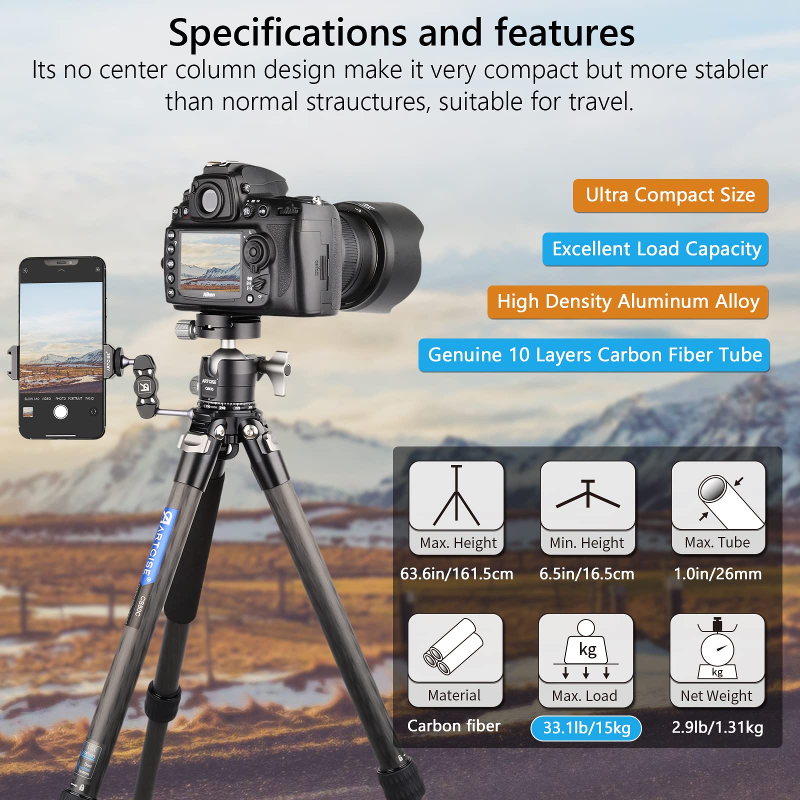 Compact 10-Layer Carbon Fiber Tripod with 35mm Low Profile Ball Head - Detachable Travel Monopod & Magic Arm + Phone Clip (15kg Max Load) - Perfect for Travel Photography, Vlogging & Outdoor Shooting