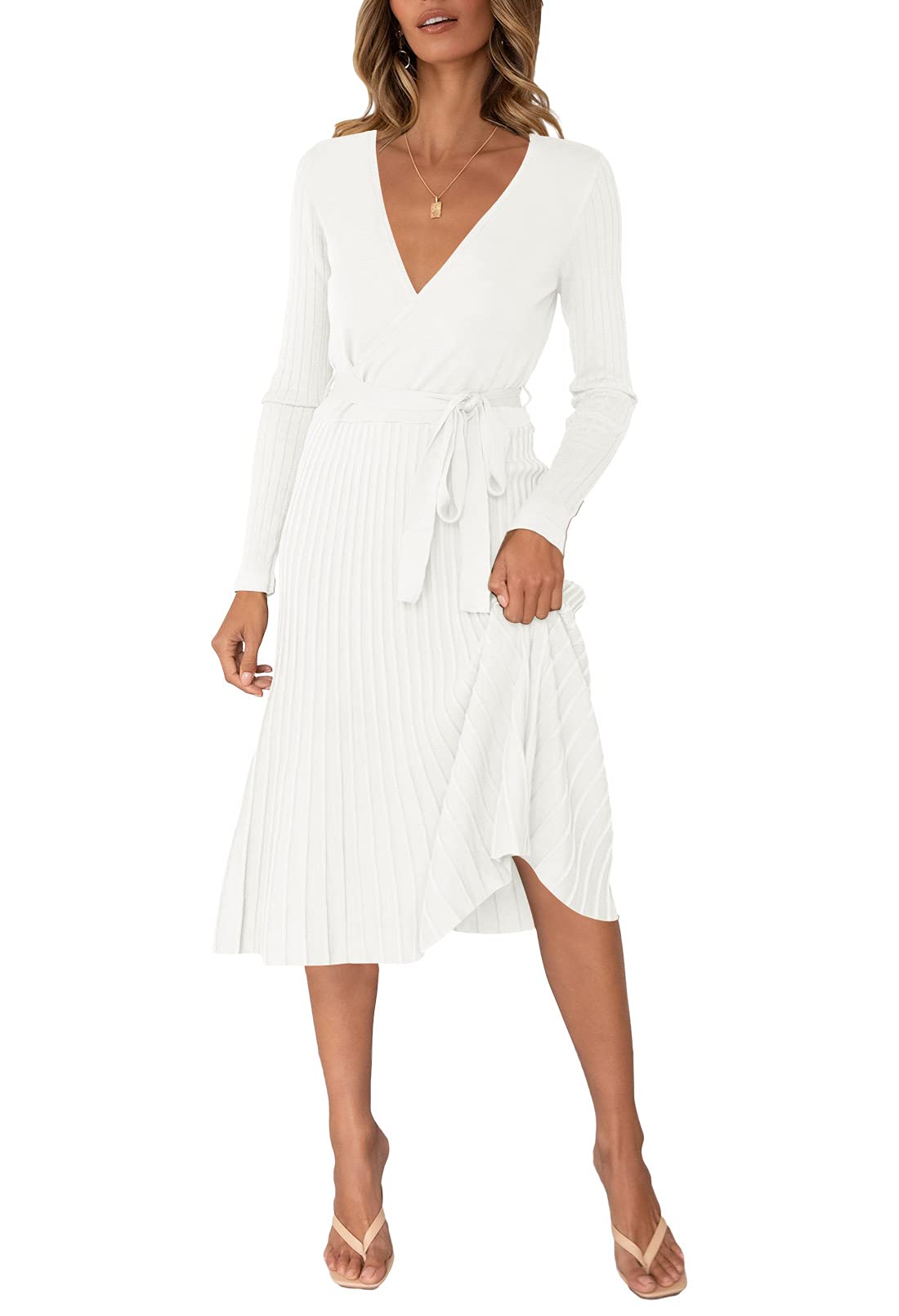Pink Queen Women's V-Neck Long Sleeve Ribbed Knit Wrap Sweater Dress with Belt - Elegant Midi Swing Dress for Fall/Winter, Office Wear, Date Night & Casual Outings